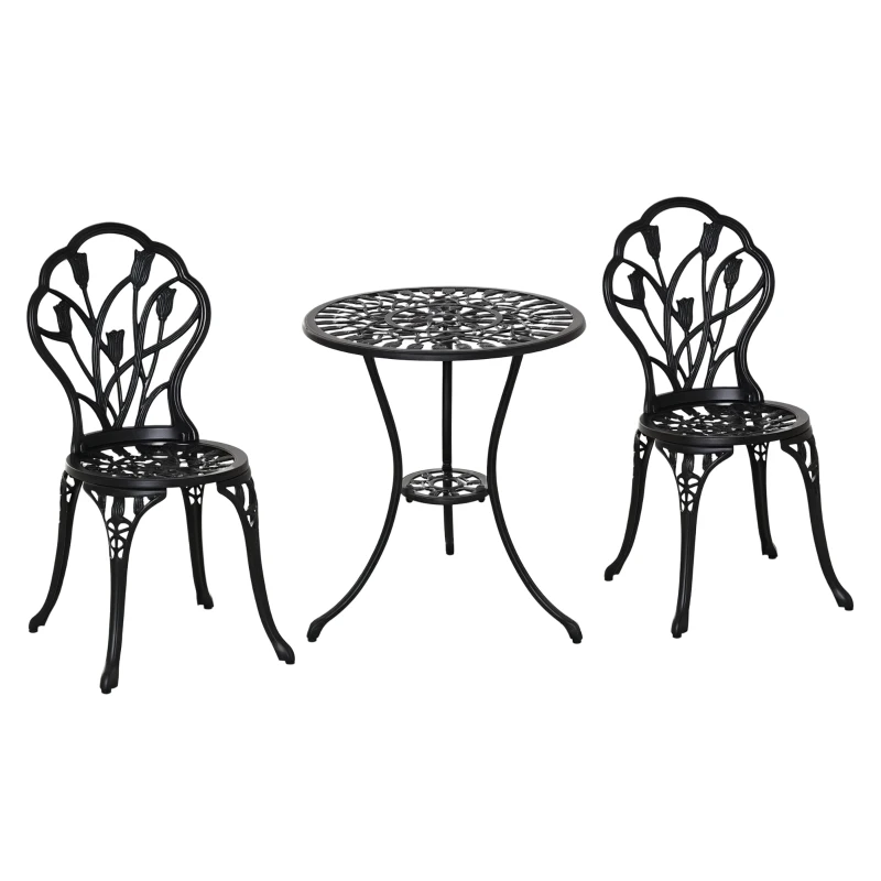Outsunny 3PCs Patio Bistro Set, Outdoor Cast Aluminum Garden Table and Chairs with Umbrella Hole for Balcony, Black