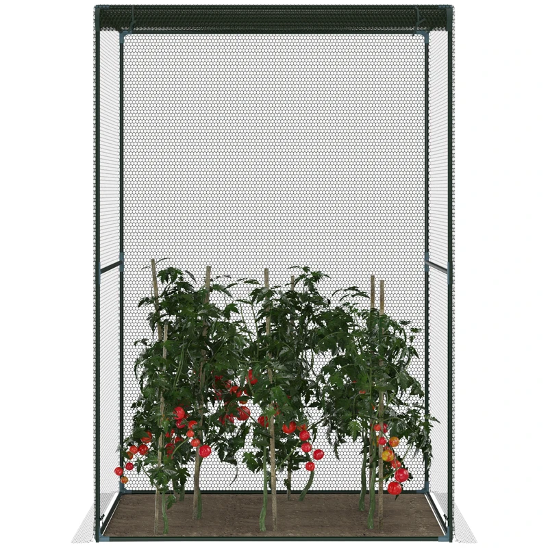 Outsunny Walk-in Crop Cage, Plant Protectors from Animals with Roll Up Zippered Door, 3.9' x 3.9' x 5.9', Dark Green