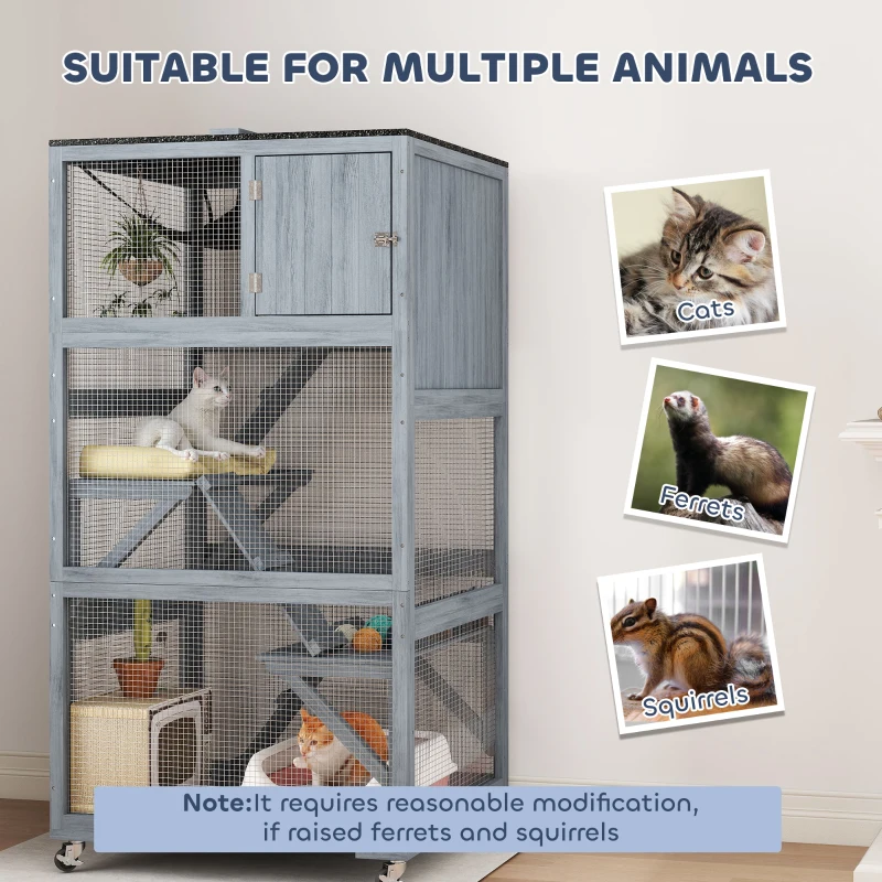 PawHut 66"H Catio Outdoor Cat Enclosure on Wheels with Hammock Multiple Platforms Resting Condo Ramps for 1-3 Cats, Grey