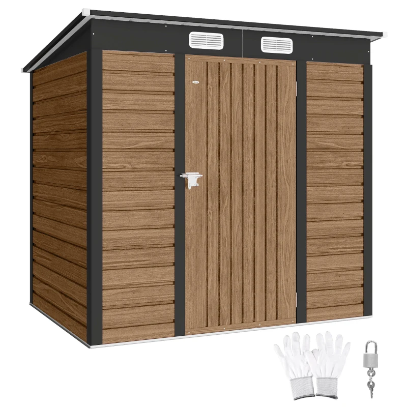 Outsunny 6' x 4' Galvanized Garden Storage Shed, Metal Outdoor Shed with Double Doors and 2 Vents, Teak