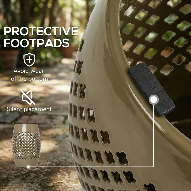 Outsunny 12.4" Steel Patio End Table, Round Hollow Drum Side Table, Accent Table for Indoor and Outdoor, Khaki