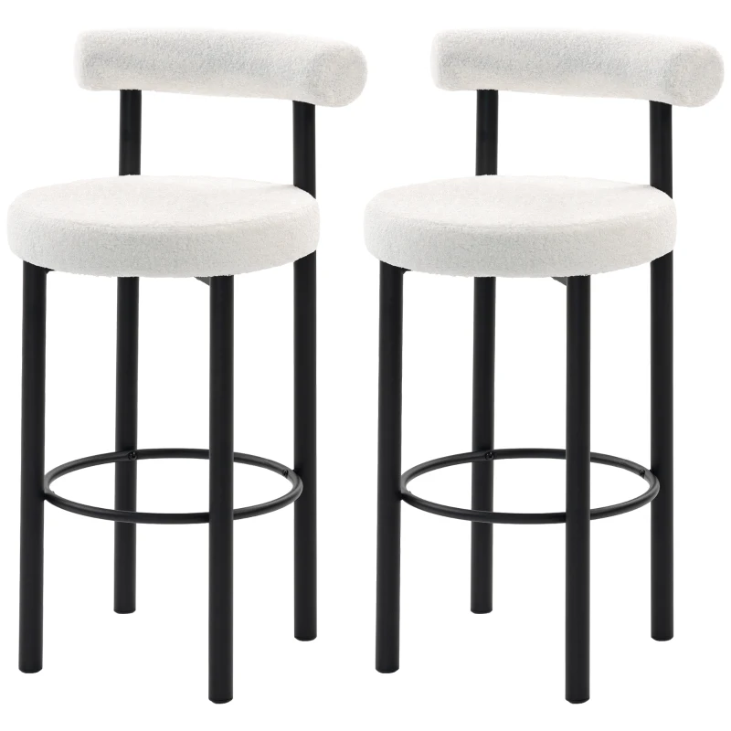 HOMCOM Bar Stools Set of 2, Sherpa Upholstered Barstools with Backrest, Bar Height Stools with Footrest for Kitchen Island