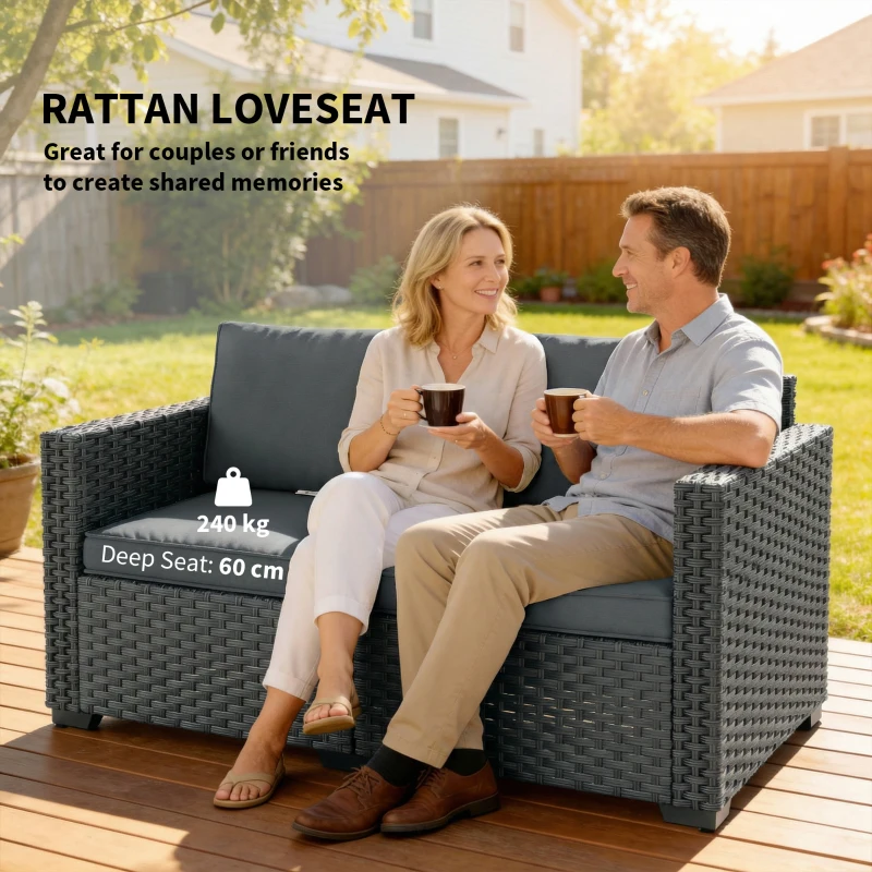 Outsunny 2 Seater Outdoor Couch Patio Sofa with Deep Seat, Cushions, Wide Armrests for Garden, Balcony, Porch, Dark Grey