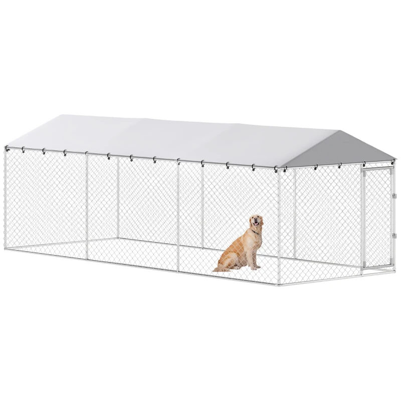 PawHut 19.7' x 7.5' x 6.6' Dog Kennel Outdoor for Small Medium Large Dogs with Waterproof Cover, Silver