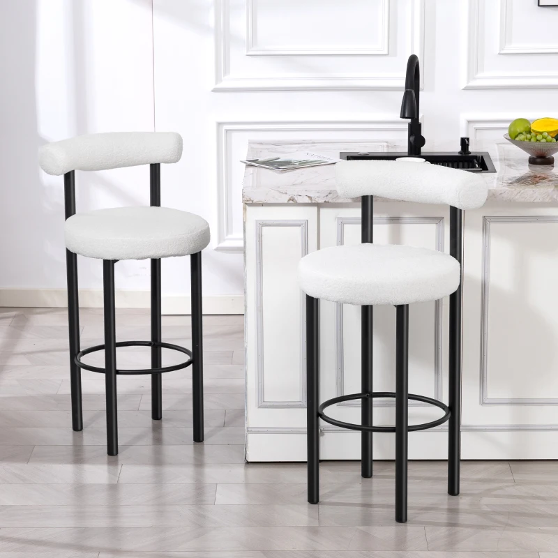 HOMCOM Bar Stools Set of 2, Sherpa Upholstered Barstools with Backrest, Bar Height Stools with Footrest for Kitchen Island