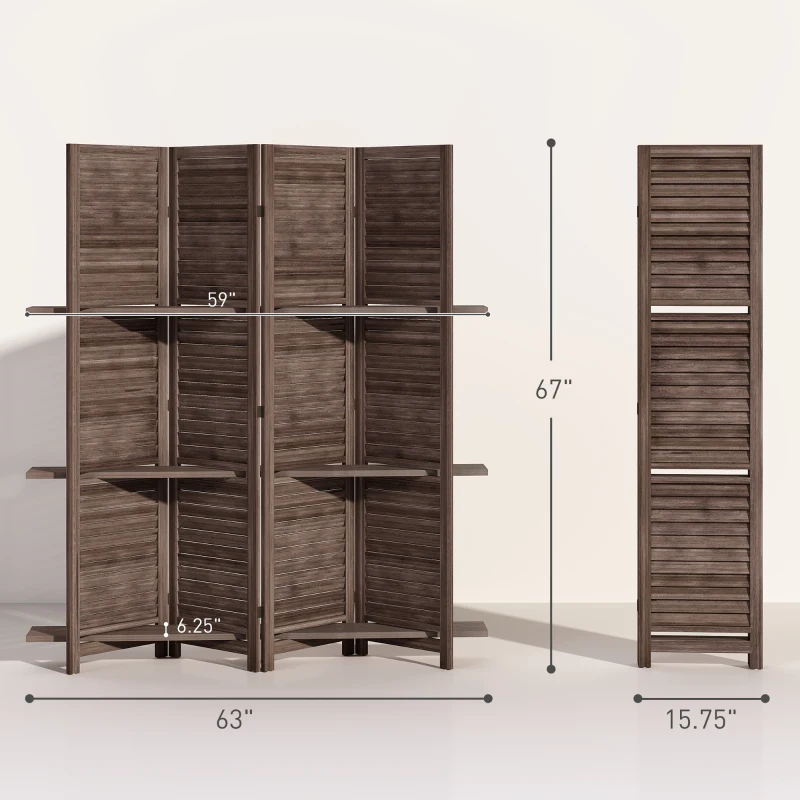 HOMCOM 4 Panel 67" Tall Wood Privacy Screen Room Divider with 3 Shelves and Folding Storage for Bedroom, Walnut