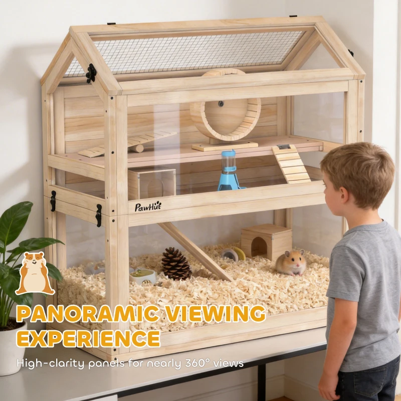 PawHut Wooden Hamster Cage, 3-Tier Small Animal Cage with Hut, Seesaw, Ramps, Exercise Wheel, Acrylic Panel and Bottom Tray