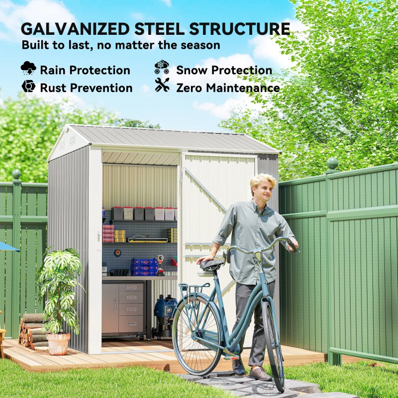 Outsunny 7' x 6' Tall Outdoor Storage Shed, Waterproof Metal Garden Shed with Gloves, Lockable Door, Silver Grey