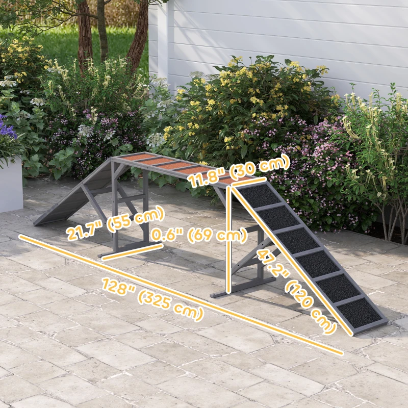 PawHut Dog Agility Equipment Ramp with Safety Bar, Non-slip Surface, for Walk and Pause Training, Gray