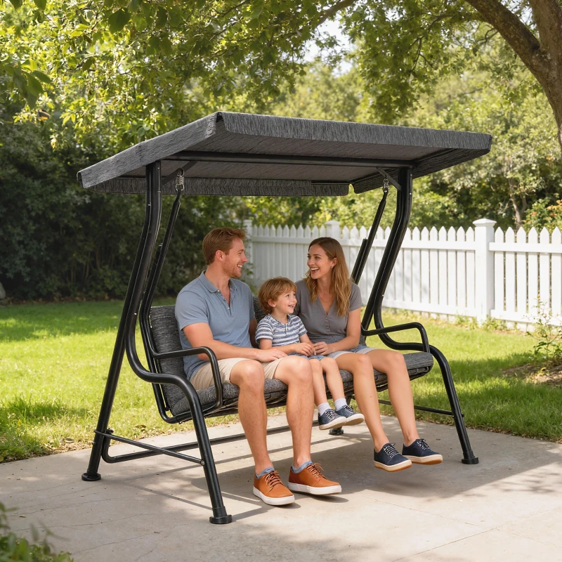 Outsunny 3-Seat Patio Swing Chair, Outdoor Swing Glider with Adjustable Canopy, Removable Thicken Cushion, and Weather Resistant Steel Frame, for Garden, Poolside, Backyard, Black