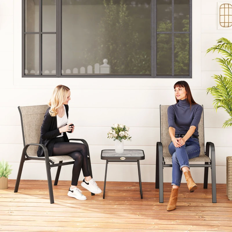 Outsunny Outdoor Bistro Set of 3, 3-Piece Patio Set with Breathable Mesh Fabric, Stackable Chairs and Square Table, Brown