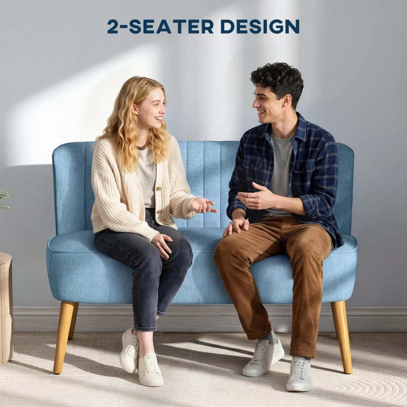 HOMCOM Modern 2 Seat Sofa for Bedroom, Upholstered Two Seater Couch with Rubber Wood Legs, Blue