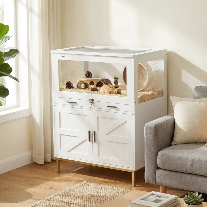 PawHut Hamster Cage with Storage Cabinet, Small Animal Cage with Pull Out Drawer and Acrylic Panels, 30" x 19.5" x 36"