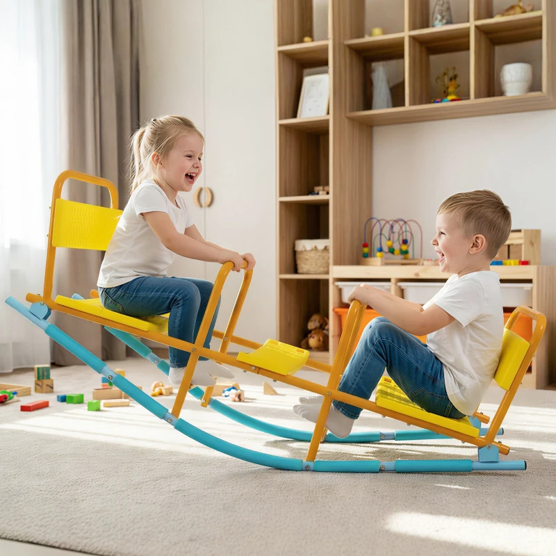 Qaba Teeter Totter Seesaw for Kids, 2 in 1 Metal Rocking Seesaw for Toddlers Age 3-8, Playground Equipment for Backyard