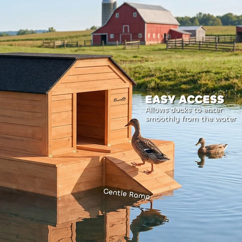 PawHut Floating Duck Coop, Wooden Duck House with Ramp and Waterproof Asphalt Roof, Small Animal House