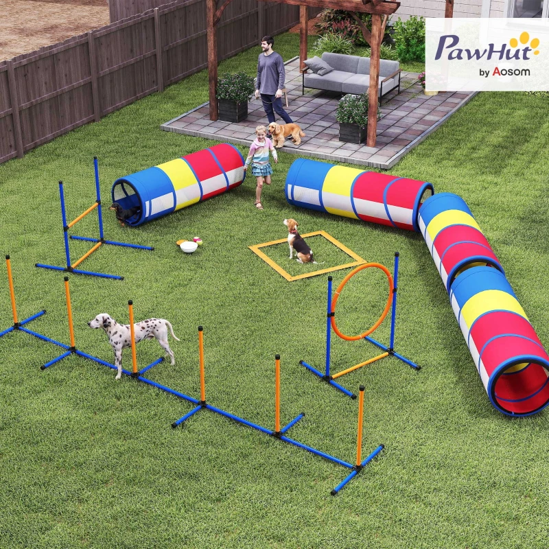 PawHut Dog Agility Training Equipment, 12-Piece Dog Obstacle Course with Adjustable Hurdle & Ring, 4 Tunnels, Weave Poles