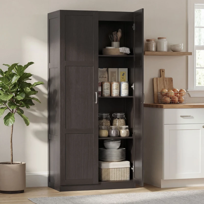 HOMCOM Farmhouse Pantry Cabinet, 71" Tall Kitchen Pantry Storage Cabinet with Soft-Close Hinges, Adjustable Shelves, Espresso