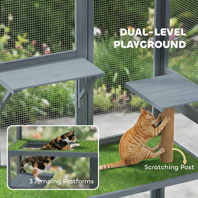 PawHut Catio Outdoor Cat Enclosure, 77" H Wooden Cat House with Weatherproof Roof, Platforms and Scratching Post
