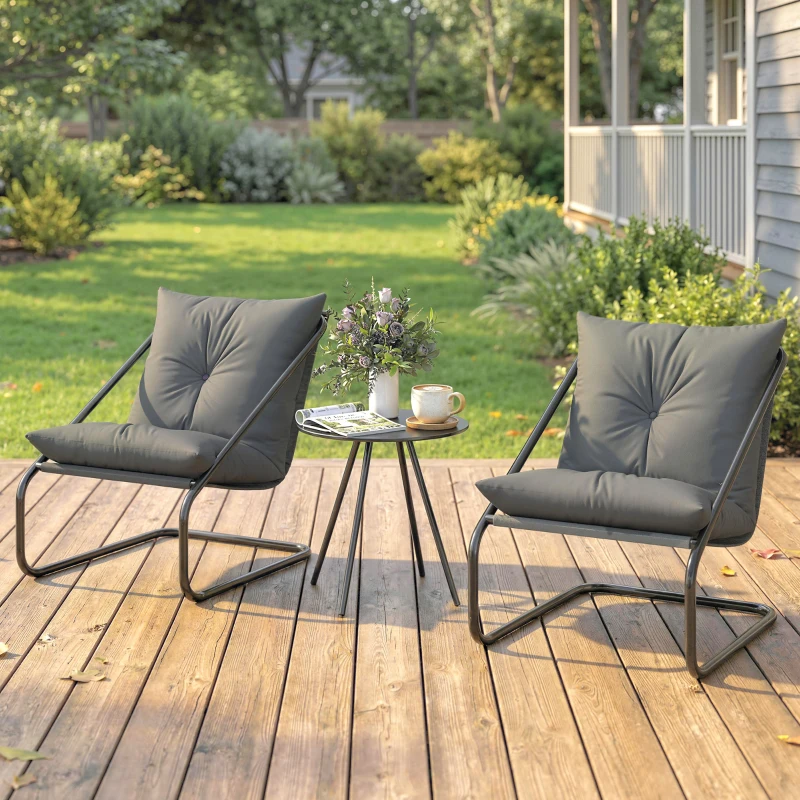 Outsunny Outdoor Bistro Set, 3 Piece Patio Furniture Set with 2 C Spring Chairs and Round Table for Balcony, Light Grey