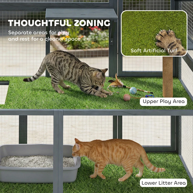 PawHut Catio Outdoor Cat Enclosure, 77" H Wooden Cat House with Weatherproof Roof, Platforms and Scratching Post