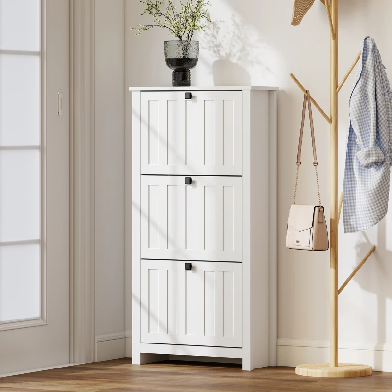 HOMCOM Slim Shoe Cabinet with 3 Flip Drawers, Shoe Storage Cabinet with Adjustable Shelves for Entryway, Holds 12 Pairs, White