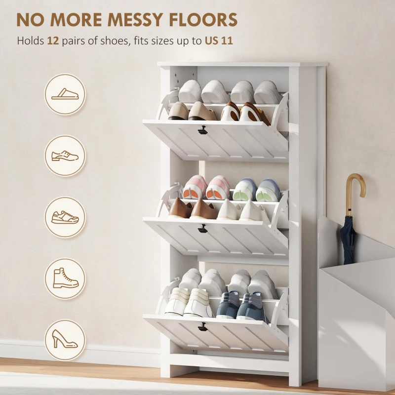 HOMCOM Slim Shoe Cabinet with 3 Flip Drawers, Shoe Storage Cabinet with Adjustable Shelves for Entryway, Holds 12 Pairs, White