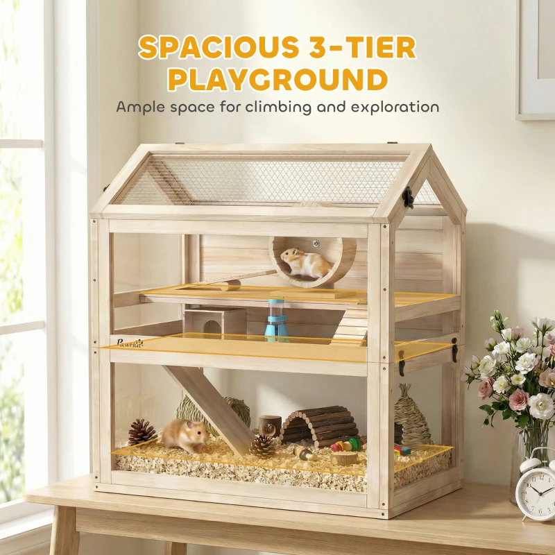 PawHut Wooden Hamster Cage, 3-Tier Small Animal Cage with Hut, Seesaw, Ramps, Exercise Wheel, Acrylic Panel and Bottom Tray