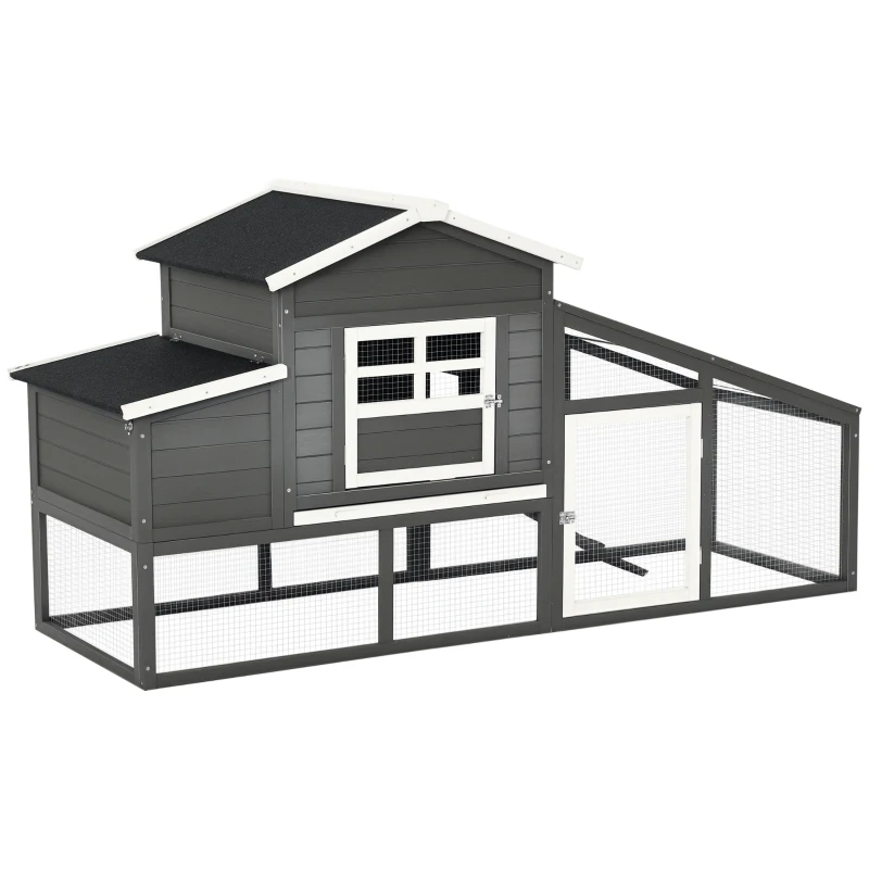 PawHut 79" Wooden Chicken Coop, Outdoor Hen House, Poultry Habitat with Removable Tray, Nesting Box, Run, Ramp, Grey