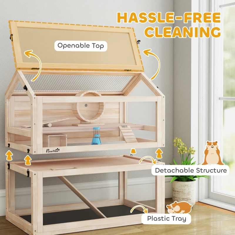 PawHut Wooden Hamster Cage, 3-Tier Small Animal Cage with Hut, Seesaw, Ramps, Exercise Wheel, Acrylic Panel and Bottom Tray