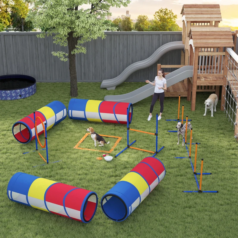PawHut Dog Agility Training Equipment, 12-Piece Dog Obstacle Course with Adjustable Hurdle & Ring, 4 Tunnels, Weave Poles