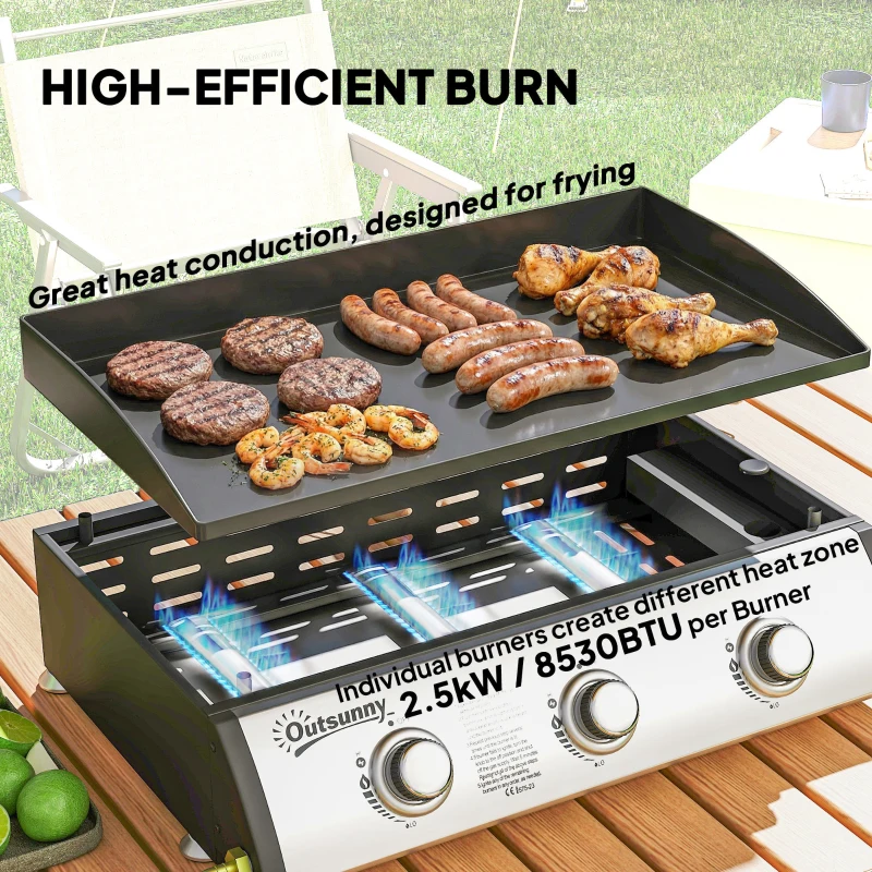 Outsunny Propane Gas Grill with 3 Main Burners, 8530 BTU Outdoor BBQ Grill Cart with Non-Stick Griddle and Lid, Black