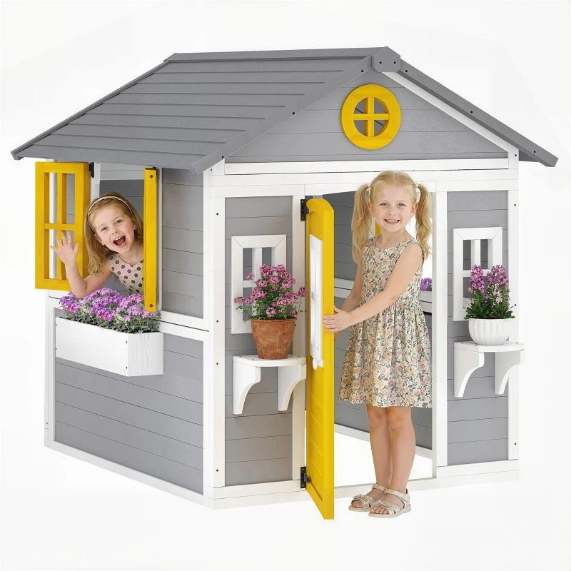 Outsunny Wooden Playhouse for Kids Outdoor with Doors, Windows, Planter Pots and Boxes for Toddlers 3-8 Years, Gray