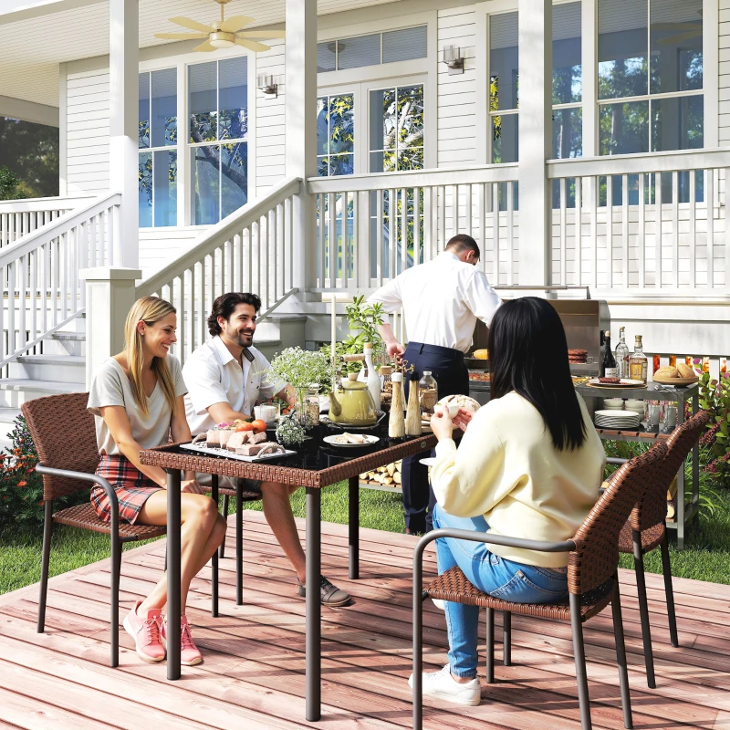 Outsunny 5 Pieces Outdoor Dining Set for 4, PE Wicker Rattan Patio Furniture Set with Stackable Chairs and Glass Table Top