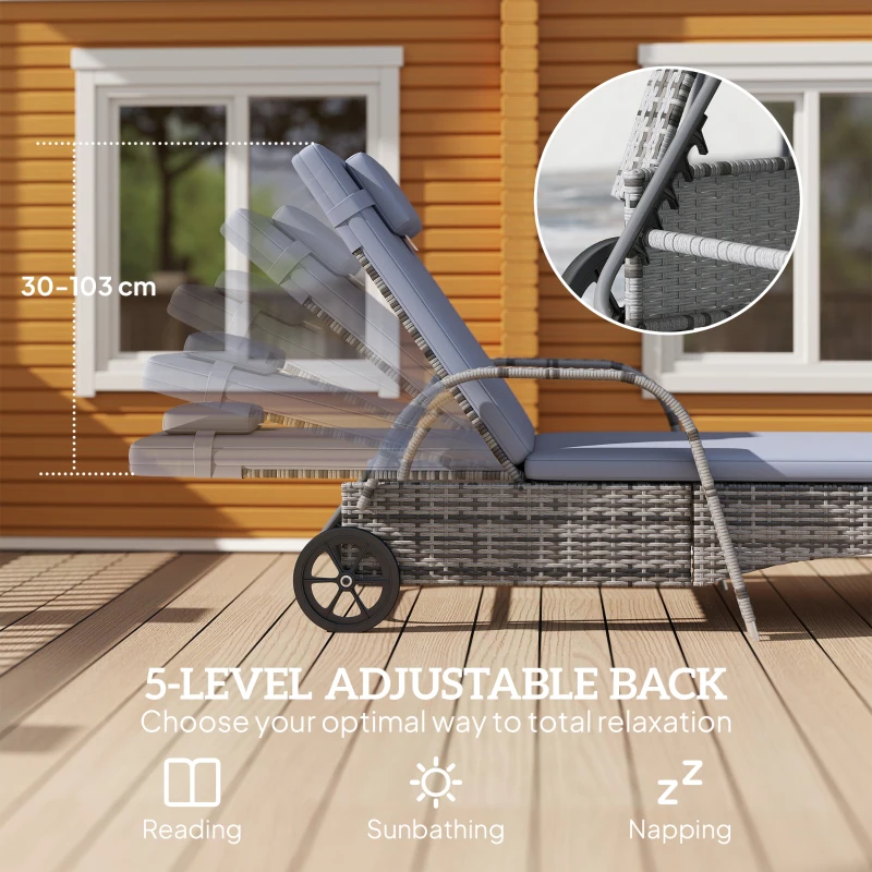 Outsunny 3 Pieces Wicker Patio Lounger Set with Table, PE Rattan Outdoor Lounge Chair Set with Cushions, Wheels, 5-Level Reclining Backrest, Headrest, Grey