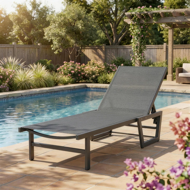 Outsunny Lounge Chair Outdoor, 63 cm Wide Chaise Lounge Tanning Chair, 4-Position Outdoor Tanning Lounger, Dark Grey