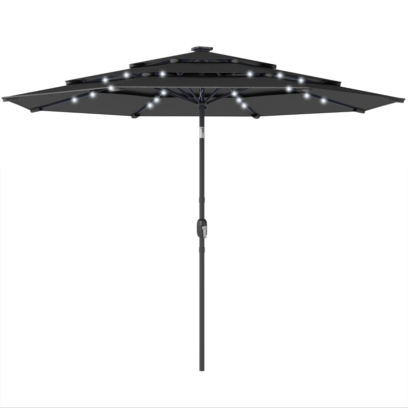 Outsunny 9.7 ft Outdoor Patio Umbrella with Solar LED Lights, 3 Tier Outdoor Table Umbrella with Tilt, Crank, Black