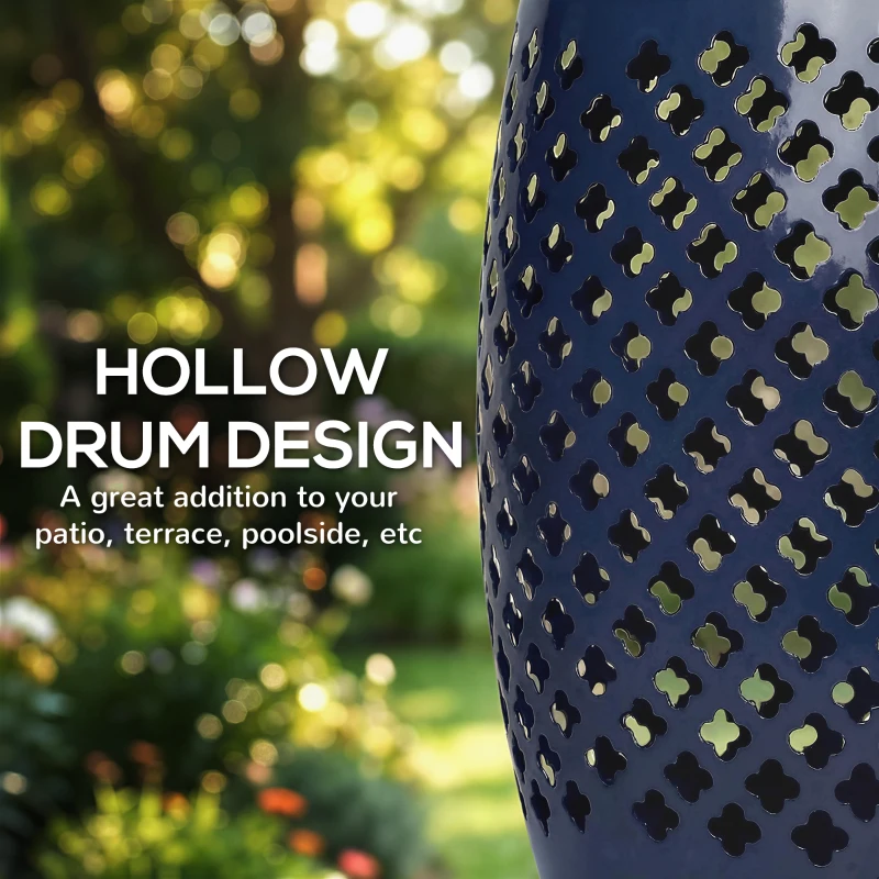 Outsunny 12" Steel Patio End Table, Round Hollow Drum Side Table, Accent Table for Indoor and Outdoor, Navy Blue