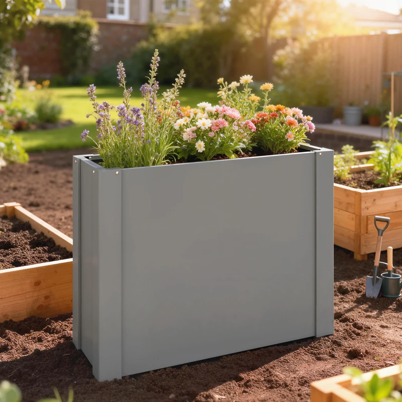 Outsunny Raised Garden Bed Galvanized Planter Box Outdoor with Gloves for Gardening Vegetables, Flower, Herb, 2.6 x 1 x 2 ft, Gray