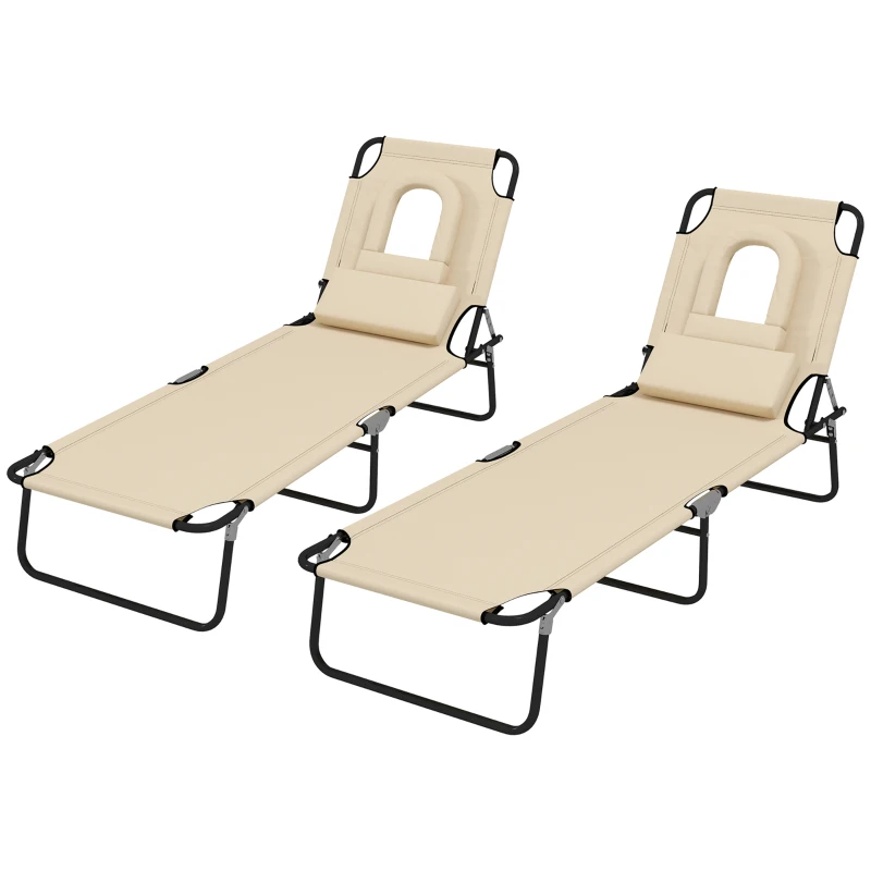 Outsunny Folding Outdoor Lounge Chair Set of 2, Adjustable Patio Chaise Lounge with Face Hole, Reclining Tanning Chair, Folding Camping Beach Lounging Bed w/ Head Support, Beige
