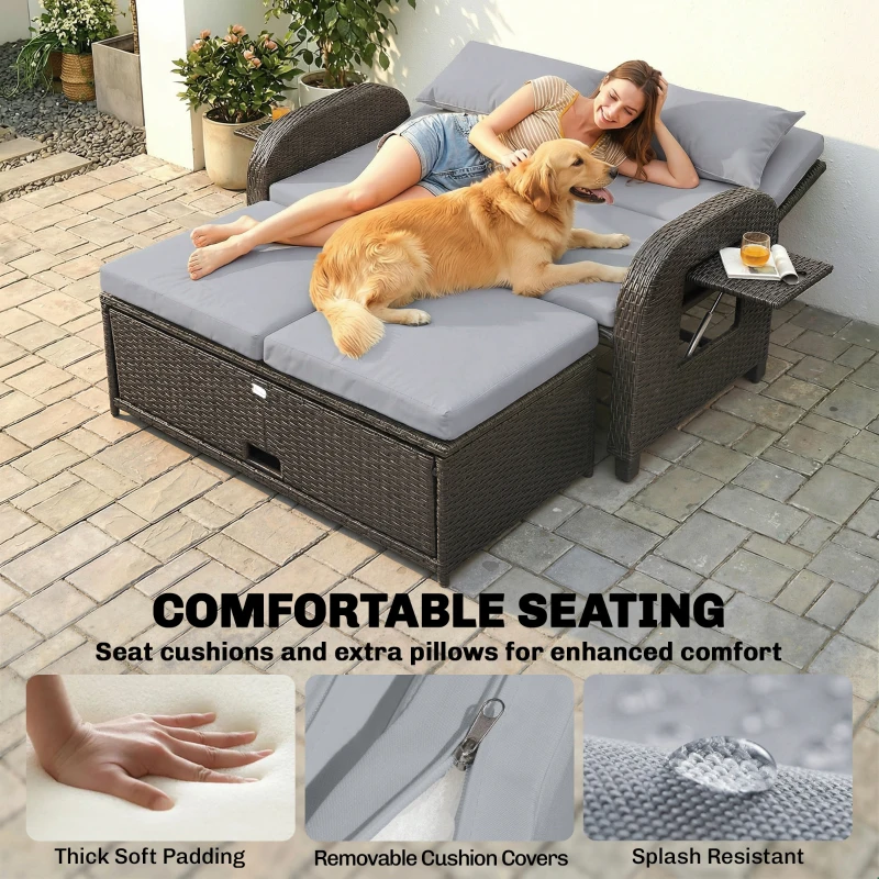 Outsunny Patio Rattan Daybed, Wicker Outdoor Daybed with Storage Ottoman, Loveseat w/ Adjustable Backrest, Side Tables, Gray