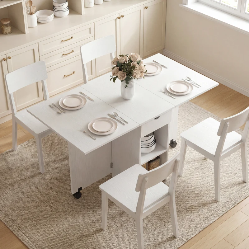 HOMCOM Folding Dining Table with Storage, Drop Leaf Kitchen Table with Drawer and Shelves for Small Spaces, White