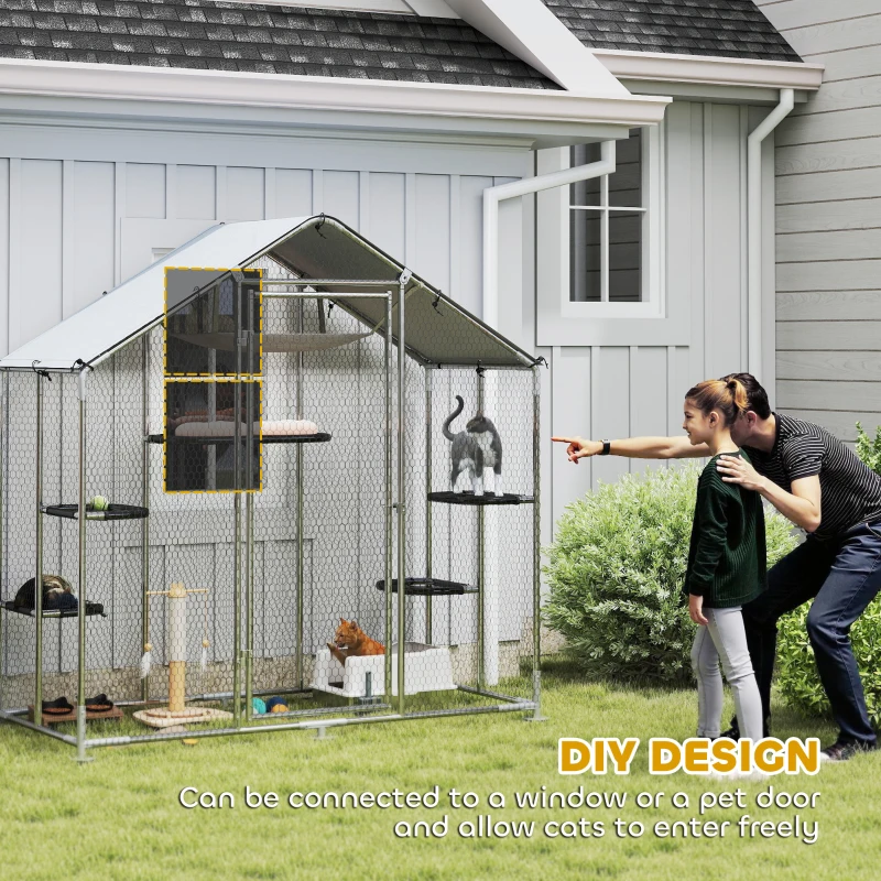 PawHut Large Catio Outdoor Cat Enclosure with Waterproof Cover, Walk-in Cat Patio w/ 5 Adjustable Platforms & Hammock 79" W