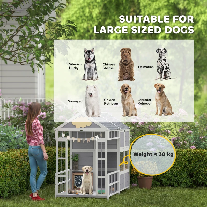 PawHut 79"L Large Dog House Outdoor, Wooden Dog Kennel with Porch, Storage Cabinet,Weatherproof Roof, Windows