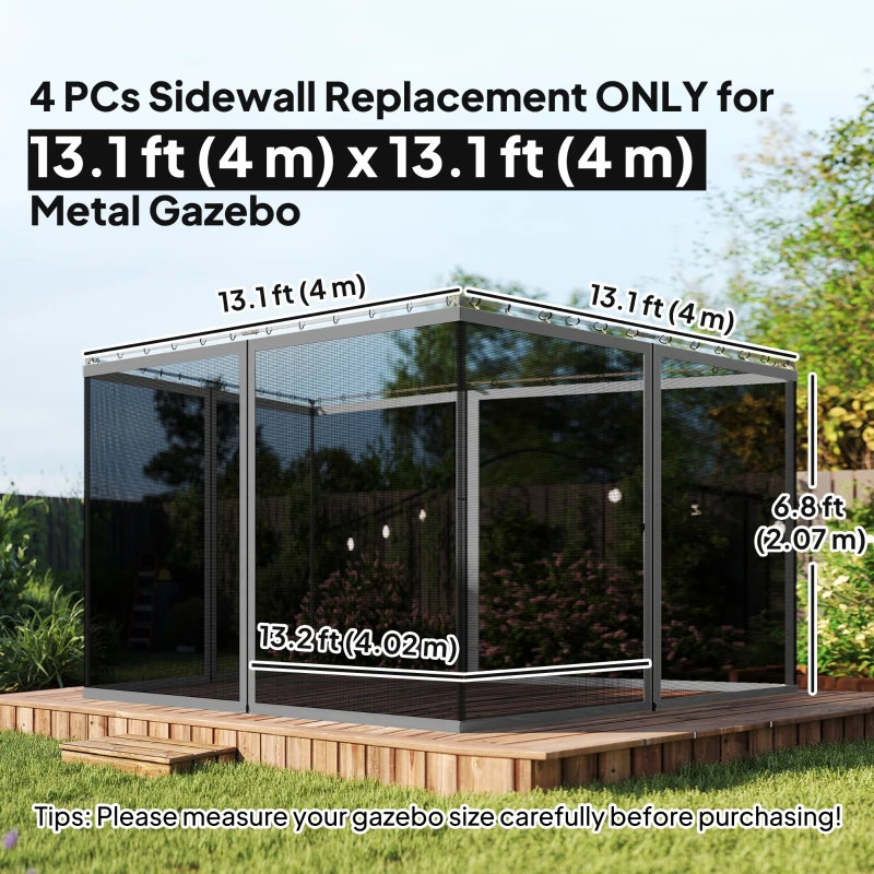 Outsunny Replacement Mosquito Netting for Gazebo 13' x 13' Black Screen Walls for Canopy with Zippers, Dark Grey