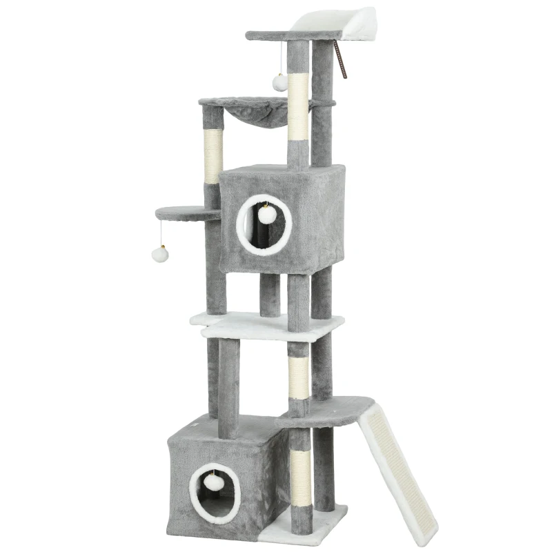 PawHut 65 Inch Cat Tree with 2 Doors Condos, Plush Top Perch, Hammock, Sisal Scratching Posts, 4 Pompoms, Ramp, Grey
