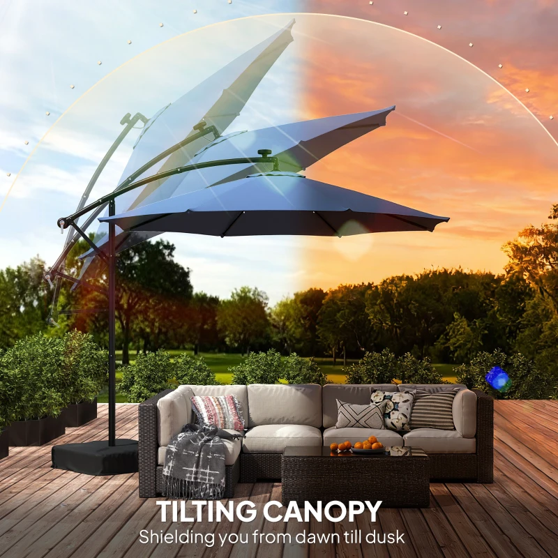 Outsunny 10 ft Cantilever Patio Umbrella with Light, Weight, Offset Hanging Outdoor Umbrella with Protective Cover, Dark Blue