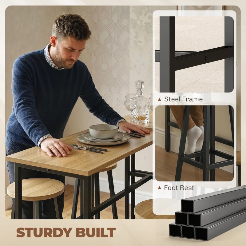 HOMCOM Bar Table Set of 6, Bar Table and Stools for 4, 2 Breakfast Tables and 4 Stools for Living Room, Grey-Brown