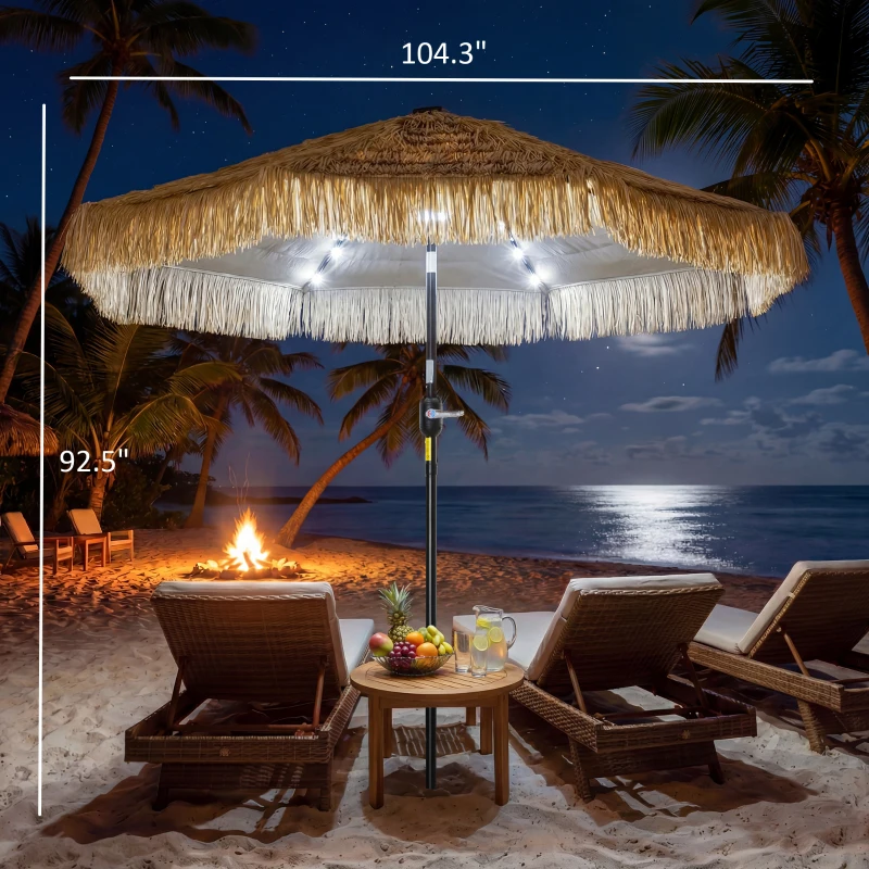 Outsunny 9 ft Hula Thatched Tiki Patio Umbrella with LED Solar Light, Outdoor Umbrella with Crank, Tilt, UPF30+, Khaki