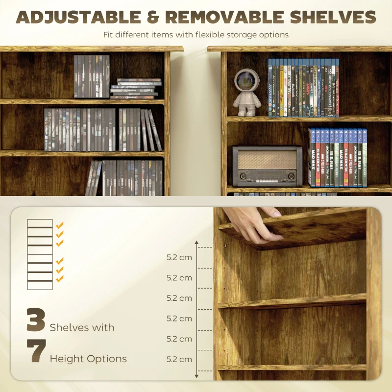 HOMCOM 8-Tier DVD Shelf with 6 Adjustable Shelves, Slim CD Shelf, Holds 360 CDs, 185 DVDs or 185 Blu-rays, Rustic Brown