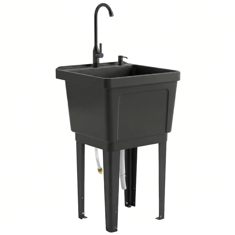 Outsunny Portable 23-Gallon Utility Sink Laundry Tub for Washing Room, Freestanding Laundry Sink with Soap Dispenser, Black